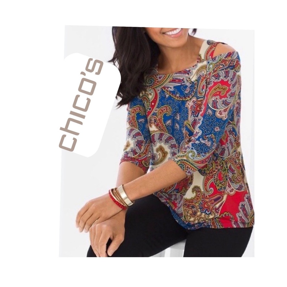 Chicos Cold Shoulder Paisley Tunic Top Multi-Color Square Neck Size 3 XL Boho